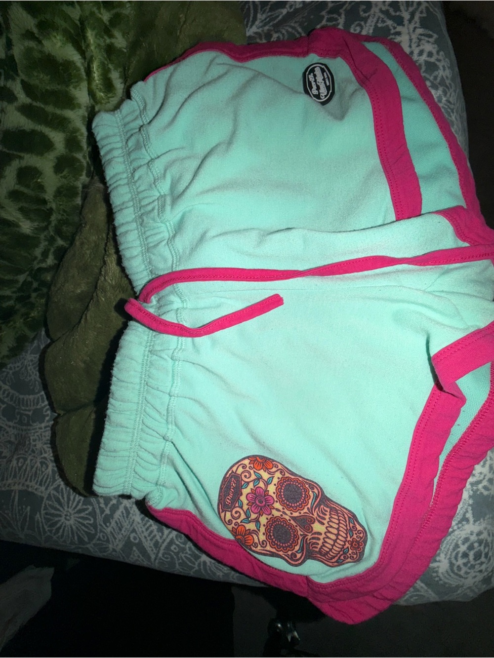 Kids Mint Green and Hot Pink Athletic Shorts with Sugar Skull